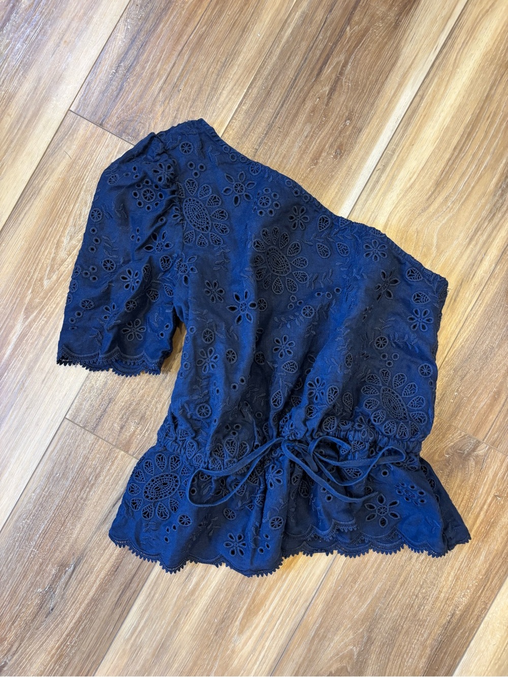 Ralph Lauren Navy One Shoulder Eyelet Peplum Top